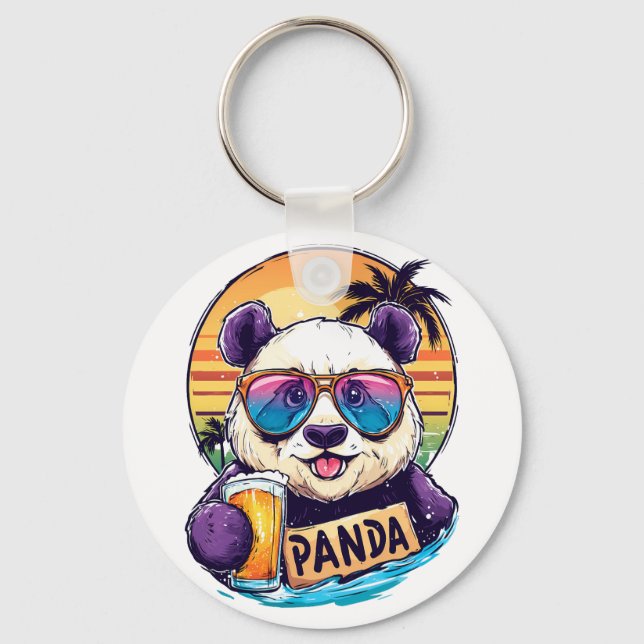 Cool Panda: Retro Summer & Beer Vibes Key Ring (Front)