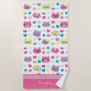 Cool Pastel Cats With Glasses Pattern, Pink Beach Towel
