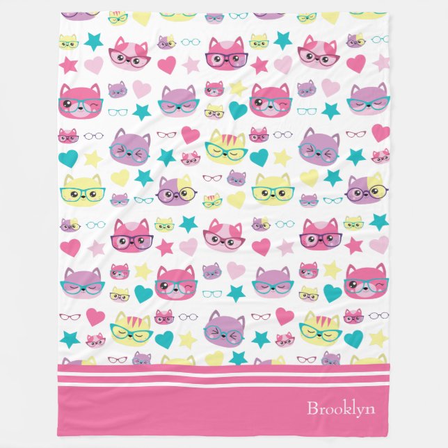 Cool Pastel Cats With Glasses Pattern, Pink Fleece Blanket (Front)