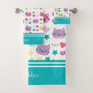 Cool Pastel Cats With Glasses Pattern, Teal Bath Towel Set