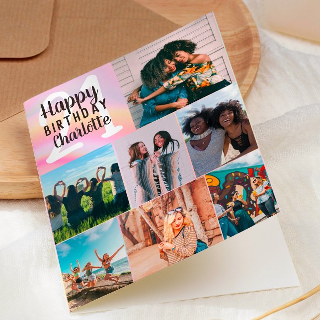 Cool pastel marble photos collage grid 21 birthday card (Creator Uploaded)