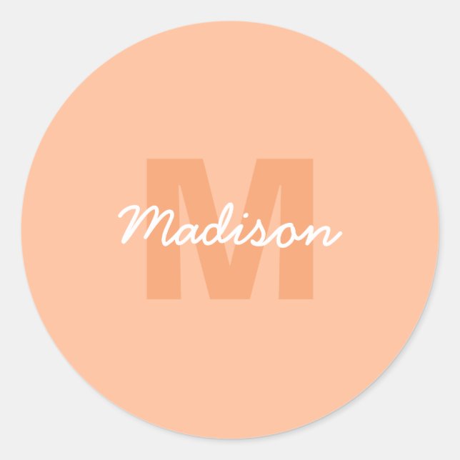 Cool pastel peach colour with Custom Monogram name Classic Round Sticker (Front)