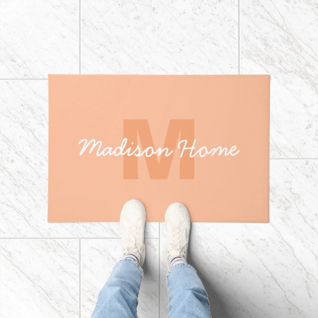 Cool pastel peach colour with Custom Monogram name Doormat (Indoor)