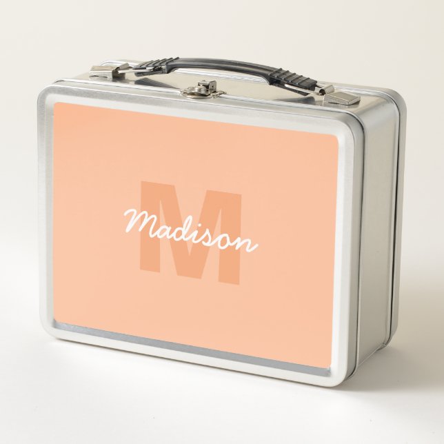 Cool pastel peach colour with Custom Monogram name Metal Lunch Box (Front)