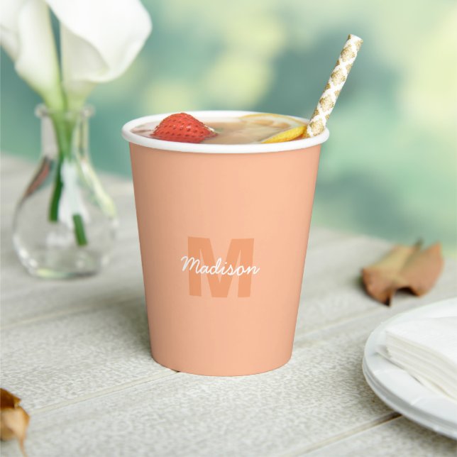 Cool pastel peach colour with Custom Monogram name Paper Cups (Insitu)