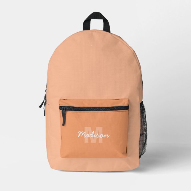 Cool pastel peach colour with Custom Monogram name Printed Backpack (Front)