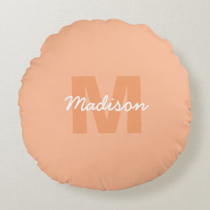 Cool pastel peach colour with Custom Monogram name Round Cushion