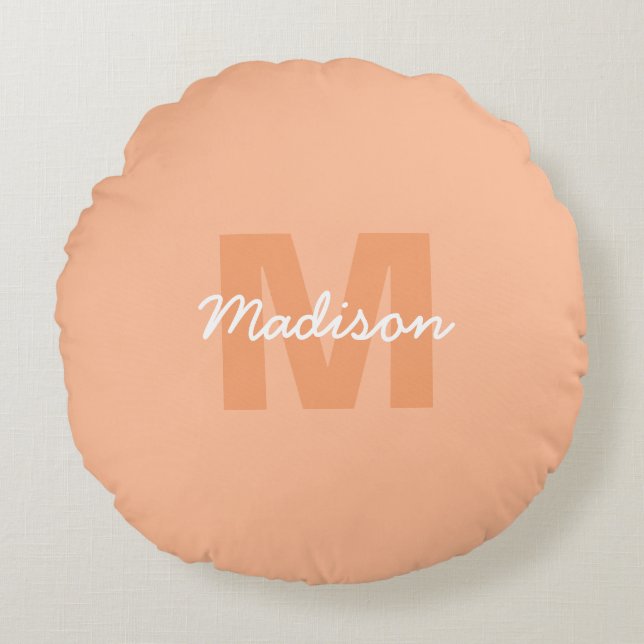 Cool pastel peach colour with Custom Monogram name Round Cushion (Front)