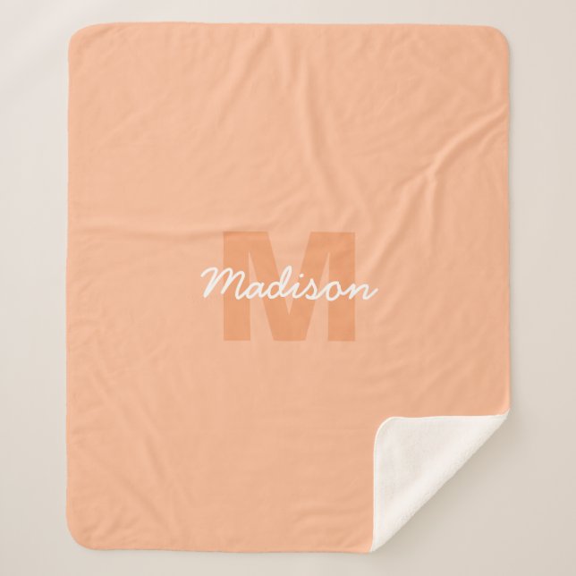 Cool pastel peach colour with Custom Monogram name Sherpa Blanket (Front)