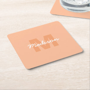 Cool pastel peach colour with Custom Monogram name Square Paper Coaster