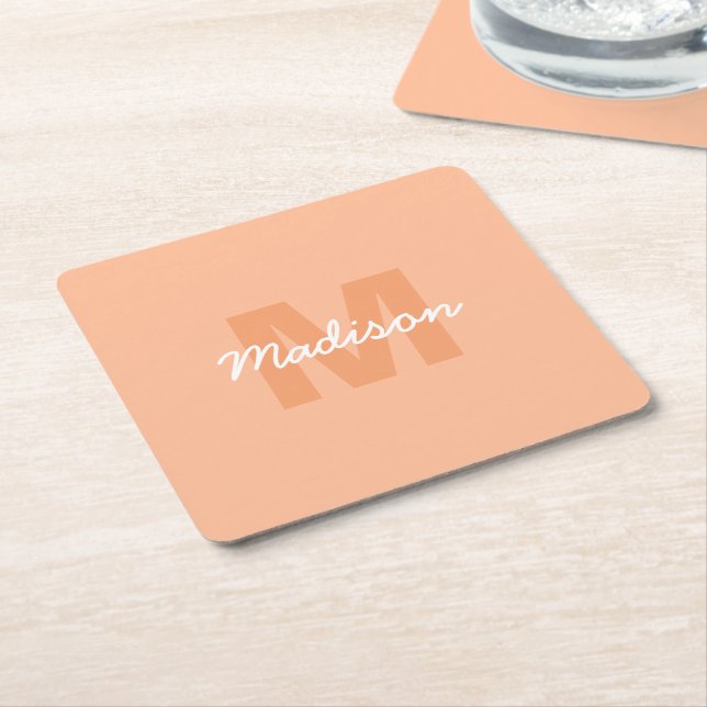Cool pastel peach colour with Custom Monogram name Square Paper Coaster (Angled)