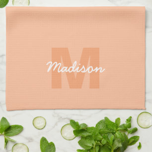 Cool pastel peach colour with Custom Monogram name Tea Towel
