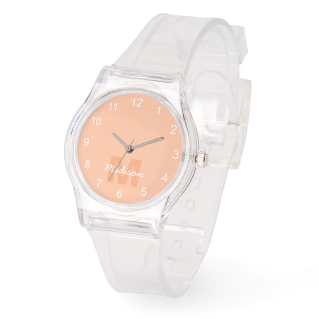 Cool pastel peach colour with Custom Monogram name Watch (Angle)