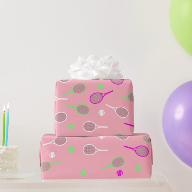 Cool Pastel Pink Retro Tennis Racquets Pattern  Wrapping Paper (Party Gifts)