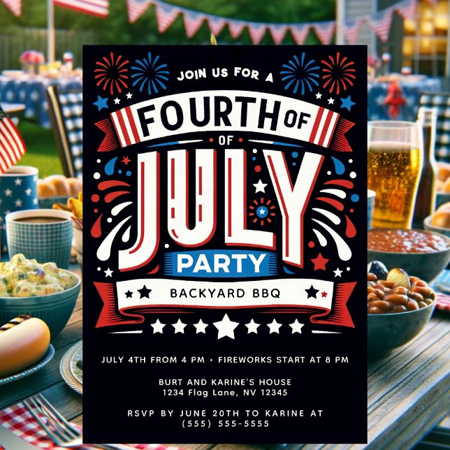 Cool Patriotic Fourth of July Party Invitation (Patriotic Fourth of July party invitation with red, white, and blue fireworks design for a backyard )