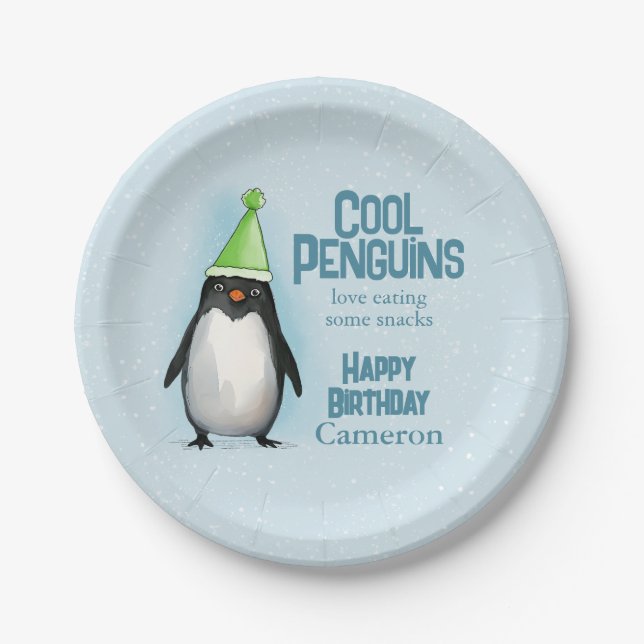 Cool Penguin green hat celebrate kid's birthday Paper Plate (Front)