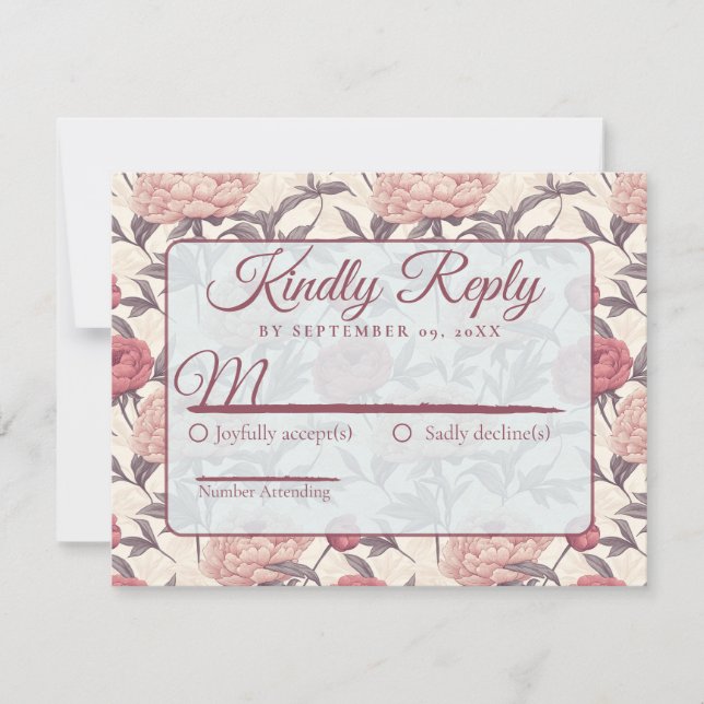 Cool Peonies Flower Romantic Wedding RSVP Card (Front)