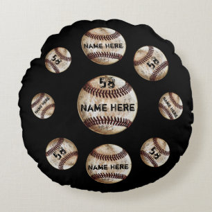 Cool Personalised Baseball Pillow, Vintage Look Round Cushion