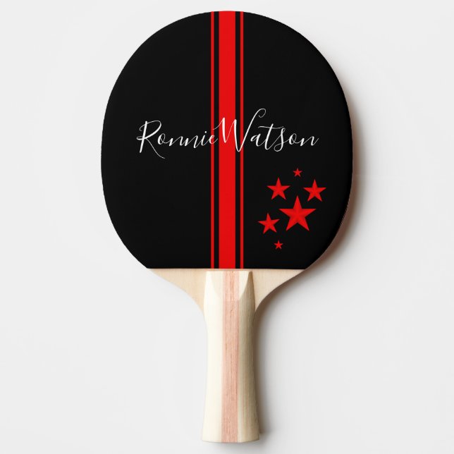 Cool Personalised Red & Black Stripe and Stars Ping Pong Paddle (Front)