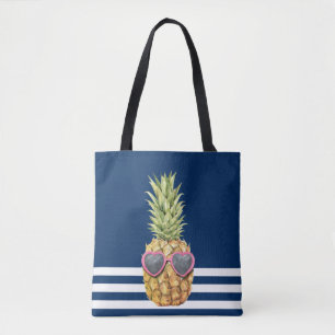 Cool Pineapple Nautical Navy Blue Striped  Tote Bag