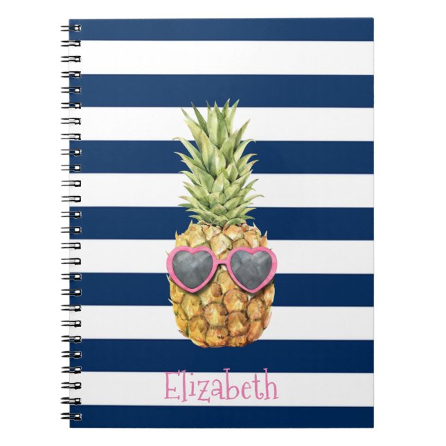 Cool Pineapple Navy Blue Stripes  Notebook (Front)