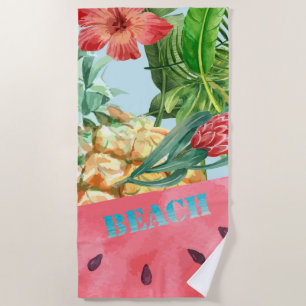 Cool Pineapple Watermelon Hibiscus Palm Leaves Beach Towel