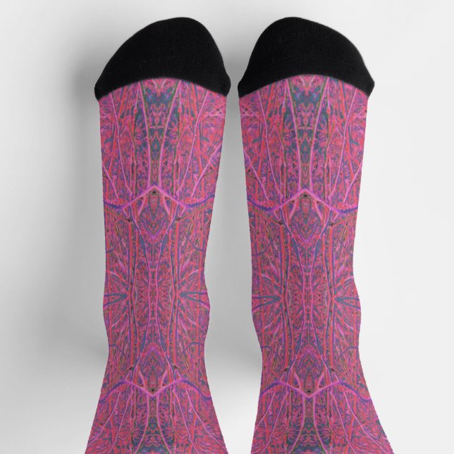 Cool Pink and Green Abstract Branch Pattern Socks (Top)