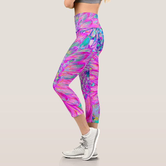 Cool Pink Blue and Purple Artsy Dahlia Bloom Capri Leggings (Left)