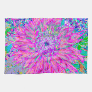 Cool Pink Blue and Purple Artsy Dahlia Bloom Tea Towel