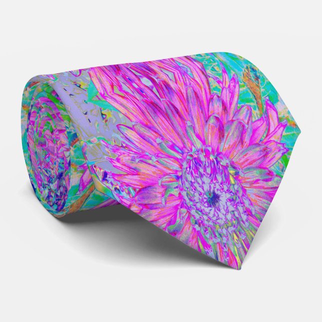 Cool Pink Blue and Purple Artsy Dahlia Bloom Tie (Rolled)