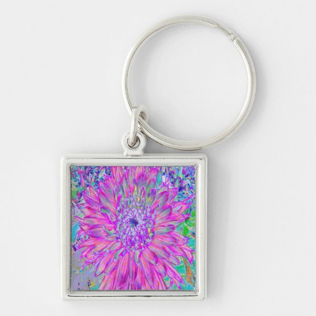 Cool Pink, Blue and Purple Cactus Dahlia Explosion Key Ring (Front)