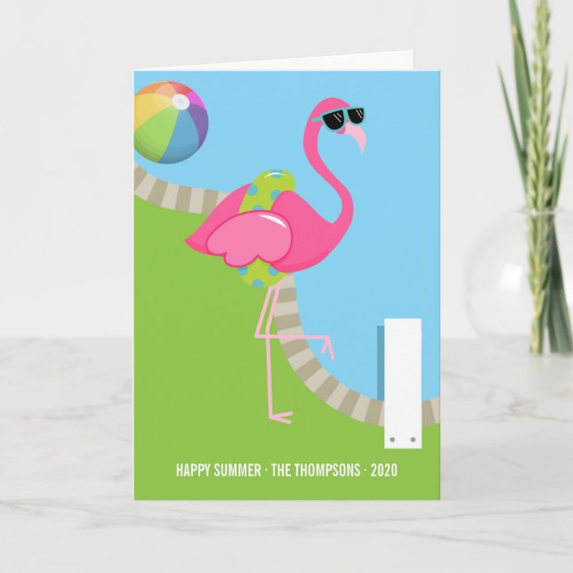 Cool Pink Flamingo Summer Family Photo Greeting Holiday Card (Front)