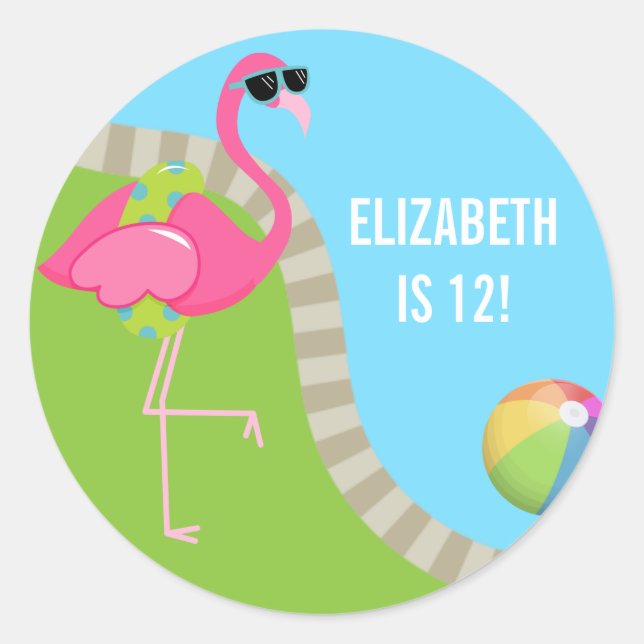 Cool Pink Flamingo Summer Pool Birthday Party Classic Round Sticker (Front)