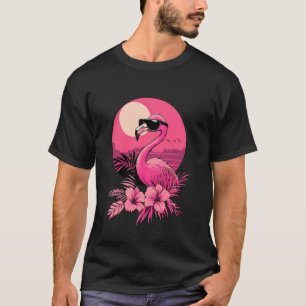 Cool Pink Flamingo With Sunglasses Retro Sunset Su T-Shirt