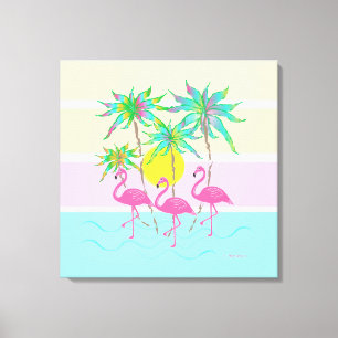 Cool Pink Flamingos Sun and Palm Trees Wall Art