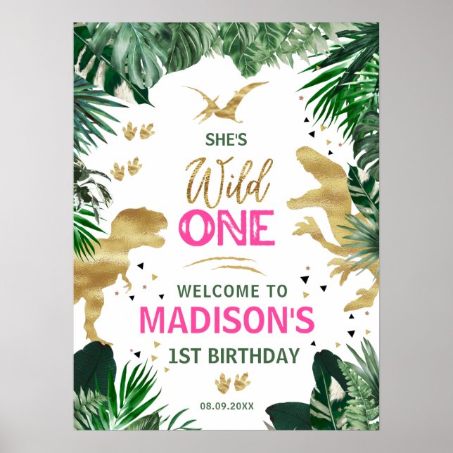 Cool Pink Girl Dinosaurs Birthday Party Welcome Poster (Front)