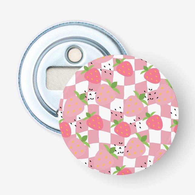 Cool Pink Kitchen Strawberries Chequered Design Bottle Opener (Front)