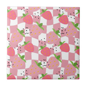 Cool Pink Kitchen Strawberries Chequered Design Tile