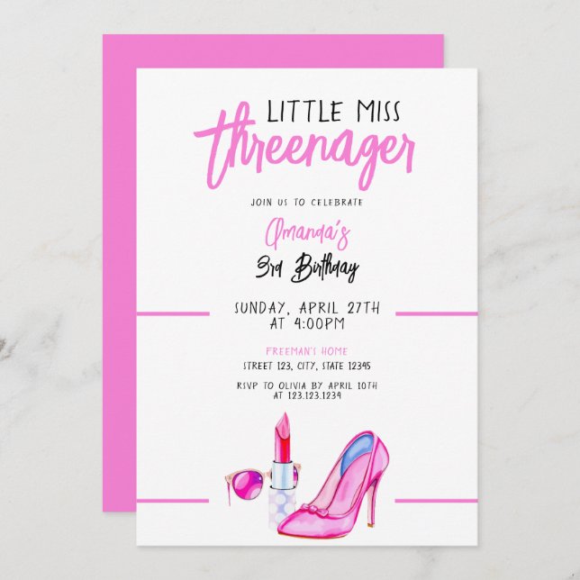 Cool Pink Makeup Themed Girly Third Birthday Invitation (Front/Back)