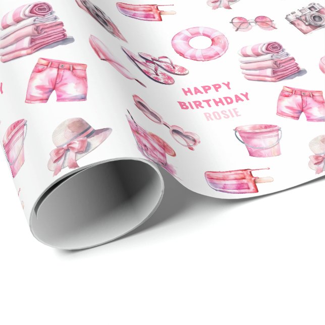 Cool Pink Summer Girls Birthday Wrapping Paper (Roll Corner)