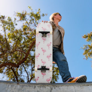 Cool Pink Tropical Flamingo Pattern on White Skateboard