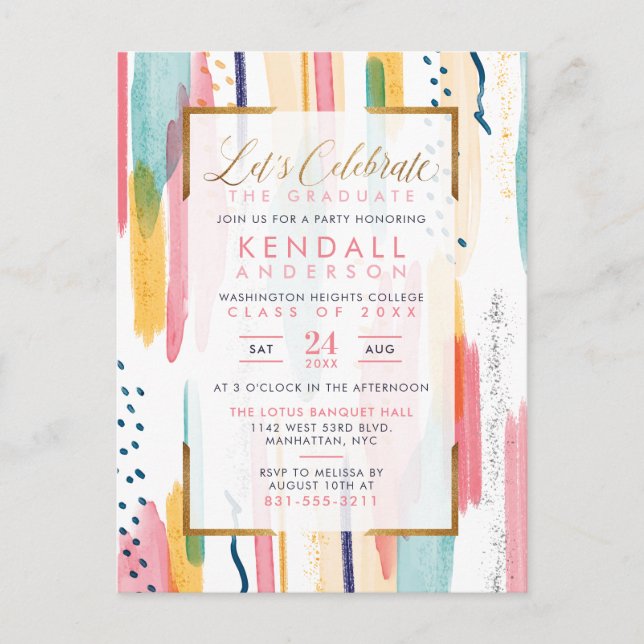Cool Pink Watercolor Memphis Artistic Graduation Invitation Postcard (Front)