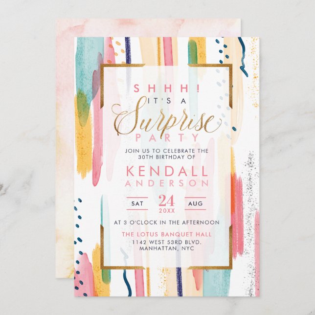 Cool Pink Watercolor Memphis Chic Surprise Party Invitation (Front/Back)