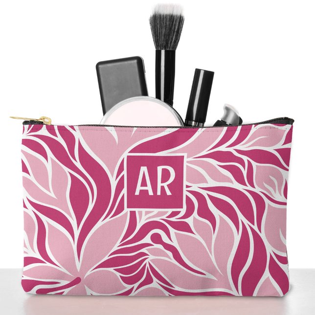 Cool Pink White Modern Floral Pattern Monogrammed Accessory Pouch (Cool Pink White Modern Floral Pattern Monogrammed Accessory Pouch)