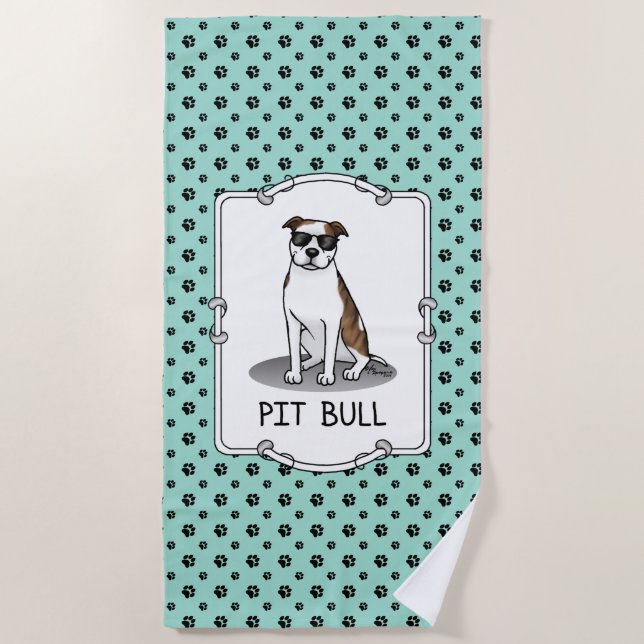 Cool Pit Bull and Sunglasses (lt brindle white 3) Beach Towel (Front)