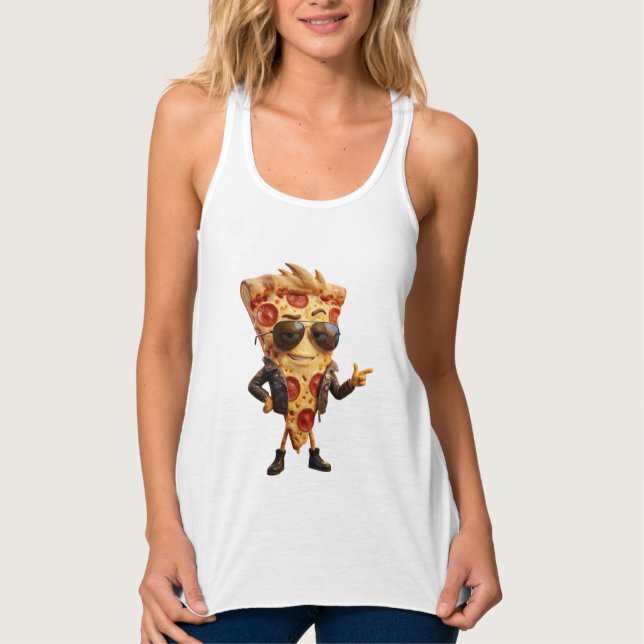 Cool Pizza Slice Mascot in Leather Jacket Art Singlet (Front)