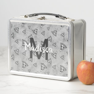 Cool pizza slice vintage black white grey Monogram Metal Lunch Box