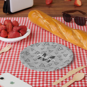 Cool pizza slice vintage black white grey Monogram Paper Plate