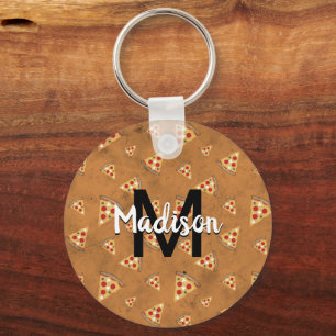 Cool pizza slices vintage brown pattern Monogram Key Ring