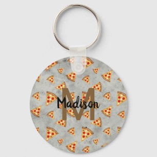 Cool pizza slices vintage grey pattern Monogram Key Ring